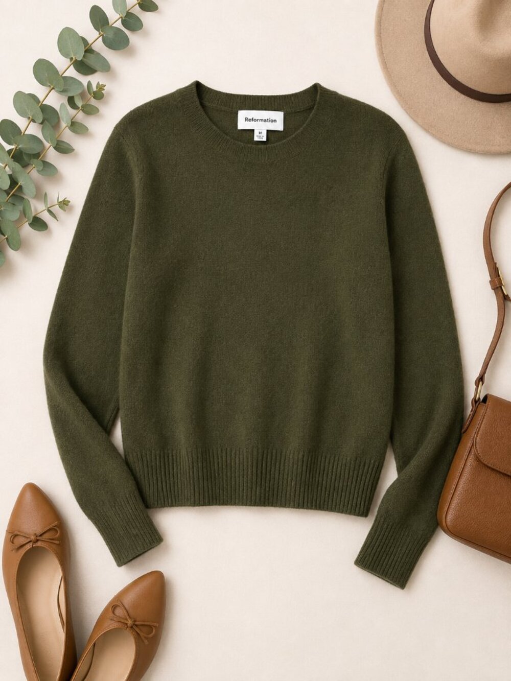 Reformation Recycled Cashmere Crewneck Sweater M Olive Green Minimalist